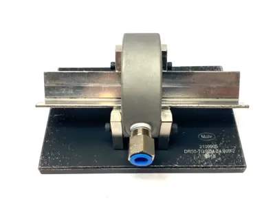 USED MAHR DIMENSIONAIR 2-JET AIR RING GAUGE W/ GUIDE CHUTES & BASE PLATE