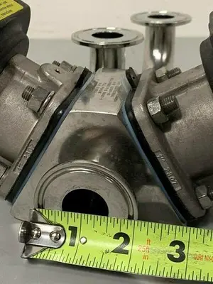 USED 2 ITT SHEROTEC 3-WAY STAINLESS STEEL VALVE W/ POSITION MONITORS & 2" FITTINGS