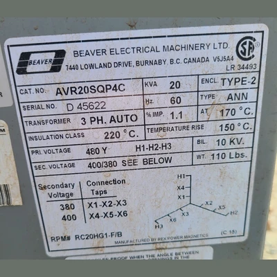 Used BEAVER ELECTRICAL MACHINERY AVR20SQP4C Transformers British Columbia CA | Savona Equipment LTD #1291757