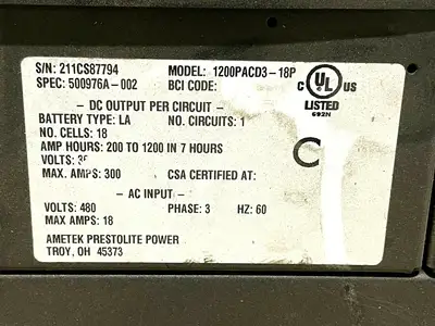 1200PACD3-18P | Ametek  Prestolite Power Battery Charger EC2000 - For parts or not working