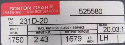 NEW BOSTON GEAR 231D-20 SPEED REDUCER 20.03:1 231D20