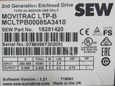 NEW SEW EURODRIVE 18251420 FREQUENCY INVERTER 1HP MCLTPB0008-5A3-4-10