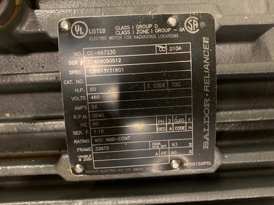 50 hp  3540 rpm 460v Baldor Reliance AC Motor