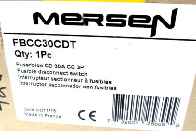 NEW MERSEN FBCC30CDT FUSE BLOCK 30AMP 3 POLE