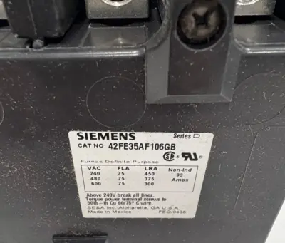 NEW FURNAS 42FE35AF106GB DEFINITE PURPOSE MAGNETIC CONTACTOR 3 POLE 75 AMP
