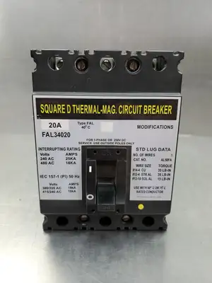 USED Square D FAL34020 Circuit Breaker, 3 Pole, 20A, 480V