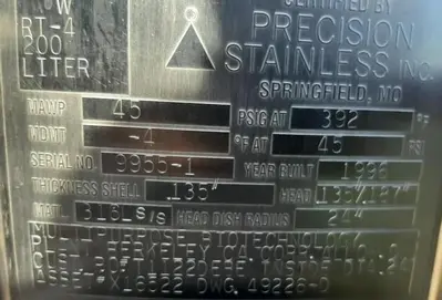 Tank, 52.8 Gallon, 316 Stainless Steel, 24" X 26", 45 PSI, Precision, #S743749