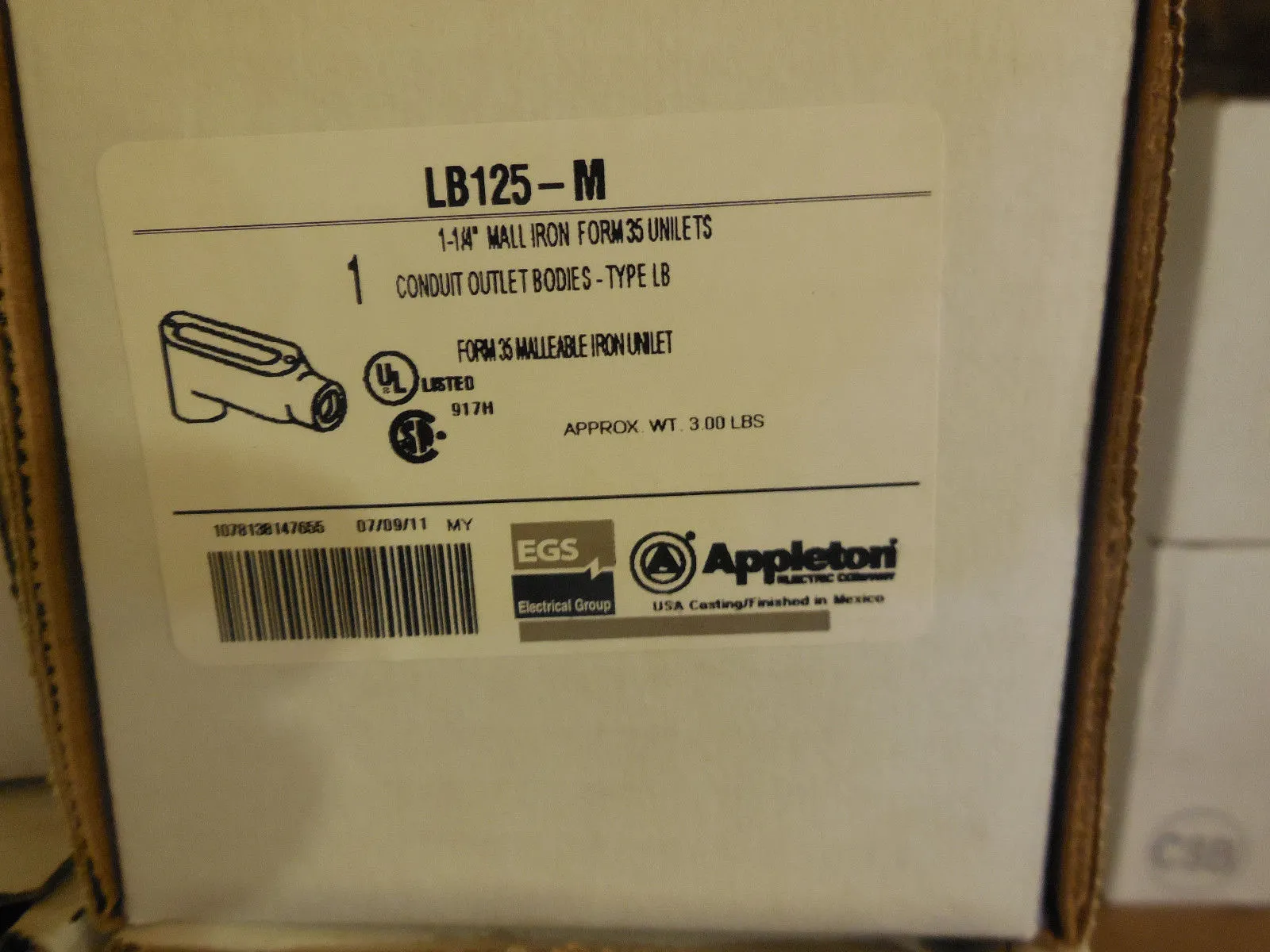 NEW APPLETON LB125-M MALL IRON UNILET LB125M
