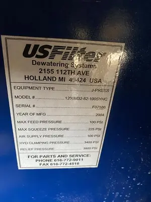 Used 2004 US FILTER 1200M32-82-100SYHC Filter Presses South Carolina US | DH Griffin Used Equipment #1383547