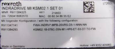 NEW REXROTH R911384325 SERVO MOTOR KSM02.1B-076C35N-M1-HP0-ET-S3-D7-T0-FW