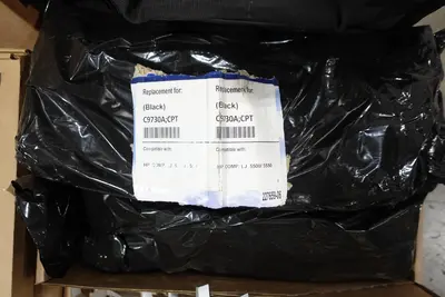 PALLET OF ASSORTED OFFICE SUPPLIES, TONER, LABEL PRINTERS, PACKAGING MACHINE, PHONE, SIGNAGE