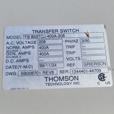 Used THOMPSON TECHNOLOGY TS853TCJ-400A-208 Switchgears British Columbia CA | Savona Equipment LTD #1496401