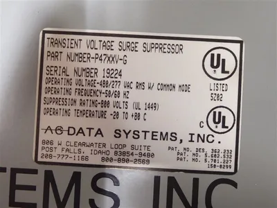 AC Data Systems P47XXV-G Transient Voltage Surge Suppressor Assembly 800V Used
