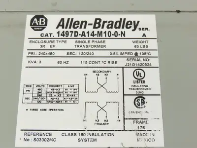 Allen Bradley 1497D-A14-M10-0-N Transformer 3kva HV 240/480V LV 120/240V 1PH