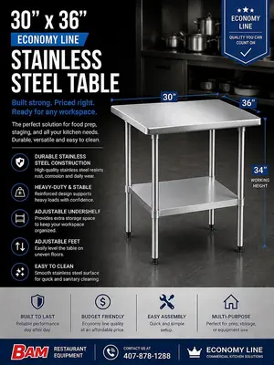 30"x36" Economy Line Stainless Steel Table