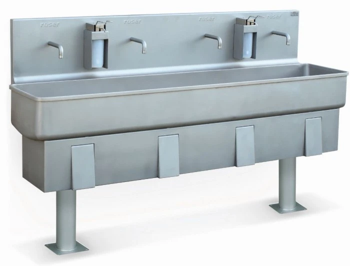 Roser Model 3404 Floor Mounted Knee Operated 4 Station Washbasin with Soap Dispenser