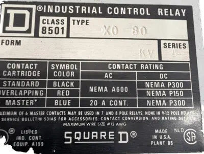 NEW SQUARE D 8501-X0-80 CONTROL RELAY SERIES A 120/110 110/50 8501XO80