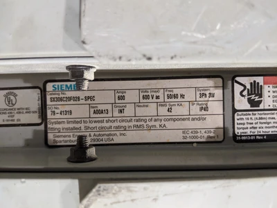 Siemens 600 Amp Bust Duct  SX306C20F028-SPEC