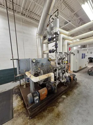 WEMHONER 5’ x 10’ SINGLE-OPENING SHORT-CYCLE FEED-THROUGH HOT PRESS WITH AUTOMATIC MATERIAL MEASURING/PRESSURE SYSTEM