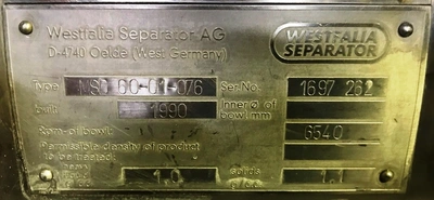 Westfalia MSD 60-01-076 milk separator, 316SS.