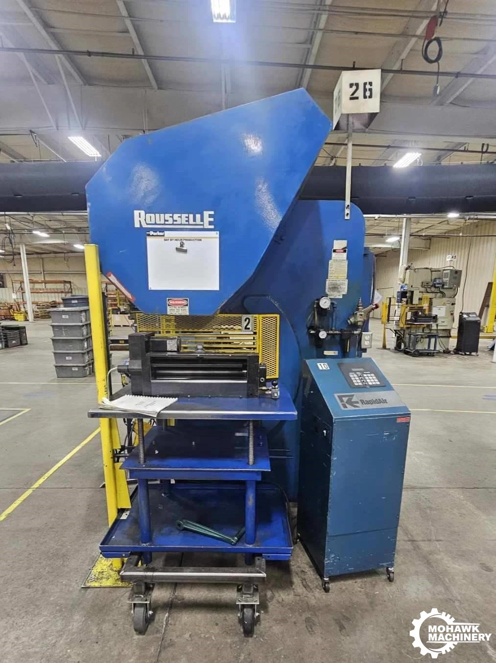 32 TON HEIM ROUSSELLE "G1-32-4D.T." OPEN BACK DEEP-THROAT GAP FRAME PRESS w/MICROGUARD PLC CONTROL - 18” THROAT - 26” X 20” T-SLOTTED BOLSTER