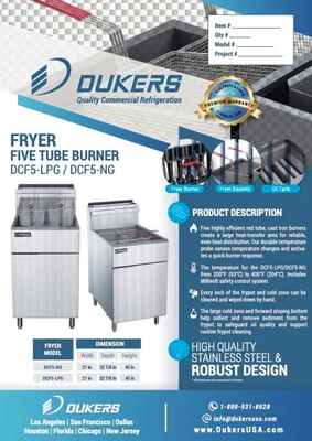 New | in-Stock Dukers New Dukers DCF5-LPG Liquid Propane Gas Floor Fryer with 5 Tube Burners 70lbs 150,000 BTU on Legs Cookers / Coolers / Fryers Illinois US | Falcon Restaurant Supply #1376308