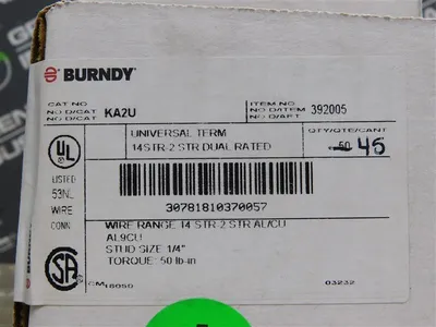 NEW Box of 45 Burndy KA2U Termination Lugs AL9CU 1/4" Stud 50 lb-in Torque New