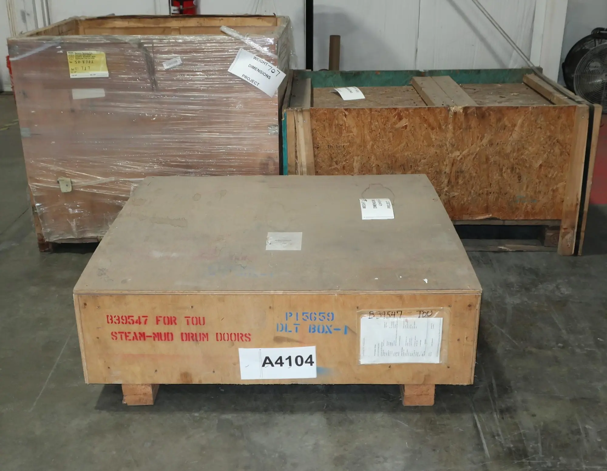 3 CRATES OF ASSORTED STEEL, ROLLER CHAIN, PLATES, DRUM DOORS