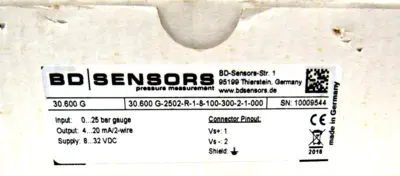 NEW BD SENSORS 30.600 G-2502-R-1-8-100-300-2-1-000 PRESSURE SENSOR 30.600 G