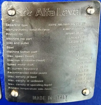 Alfa-Laval BTPX 205 SGD-34 CDP-60 clarifier centrifuge skid, 316L SS.