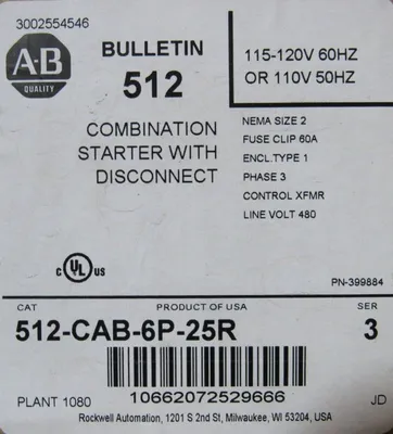 NEW ALLEN BRADLEY 512-CAB-6P-25R COMBINATION STARTER SER.3 SIZE 2 512CAB6P25R