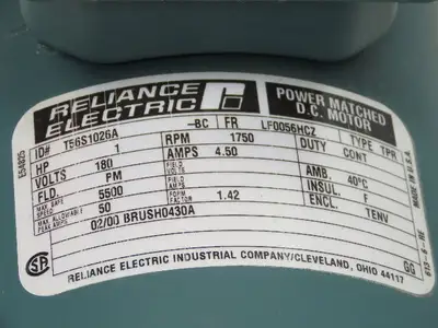 Reliance Electric T56S1026A DC Motor 180V 1Hp 4.5A 1750 RPM 56HC 7/8" Shaft