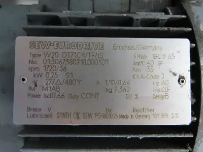 SEW-EURODRIVE W20 DT7IC4/TF/IS 0.25Kw Gear Motor 277/480V 3Ph 36RPM 20mm Shaft