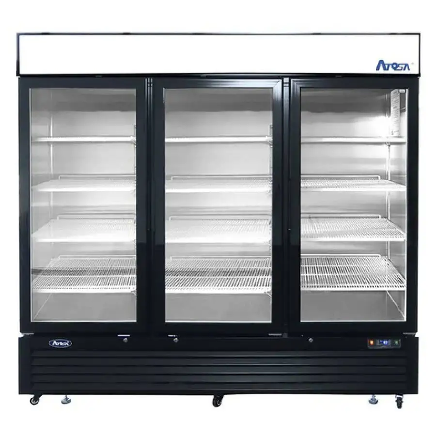New | in-Stock Atosa New Atosa MCF8728GR Bottom Mount (3) Glass Door Merchandiser Freezer 69.54 Cu Ft - Black Display Freezers Illinois US | Falcon Restaurant Supply #1375480