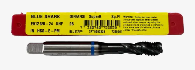 Dormer 3/8"-24 HSS-E-PM Spiral Flute Tap 3 Flute Semi-Bottoming Blue Ring SuperB