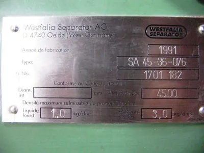 Westfalia SA 45-36-076 self-thinking clarifier centrifuge, 316SS.