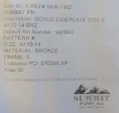 NEW GOULDS PUMP 88-6-1102 SIDE PLATE 3135 S 4X10-14 BRONZE 8861102 48576