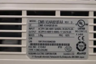 Yaskawa CIMR-VU4A0018FAA Rev D Drive V1000 380-480V - STOCK 5053CC