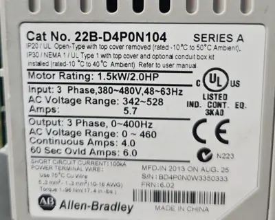 Allen-Bradley 22B-D4P0N104 PowerFlex 1.5 kW 2 HP AC Drive (BIN413)