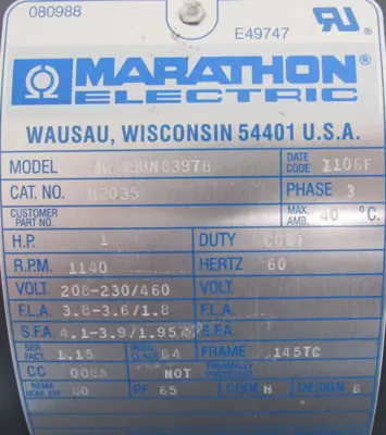 NEW MARATHON ELECTRIC 5KE49UN8397B MOTOR 1HP 208-230/460V 1140RPM 145TC K2035