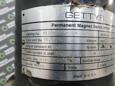 Gettys M133-H60A-300K Permanent Magnet Servo Motor 56.5V/krpm back emf Ke Used