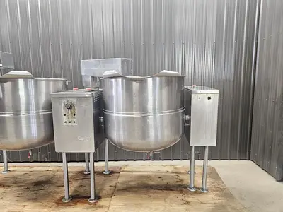 🔴 Heading to Auction May 27 - Used Twin 150 Gallon Cleveland Kettles, 316 Stainless Steel