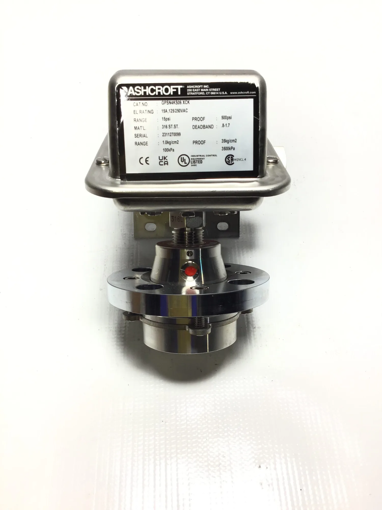 Ashcroft GPSN4KS06 XCK Stainless Steel Pressure Switch 15A