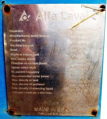 Alfa-Laval MFPX 307 TFD-21 oil purifier, 316SS.