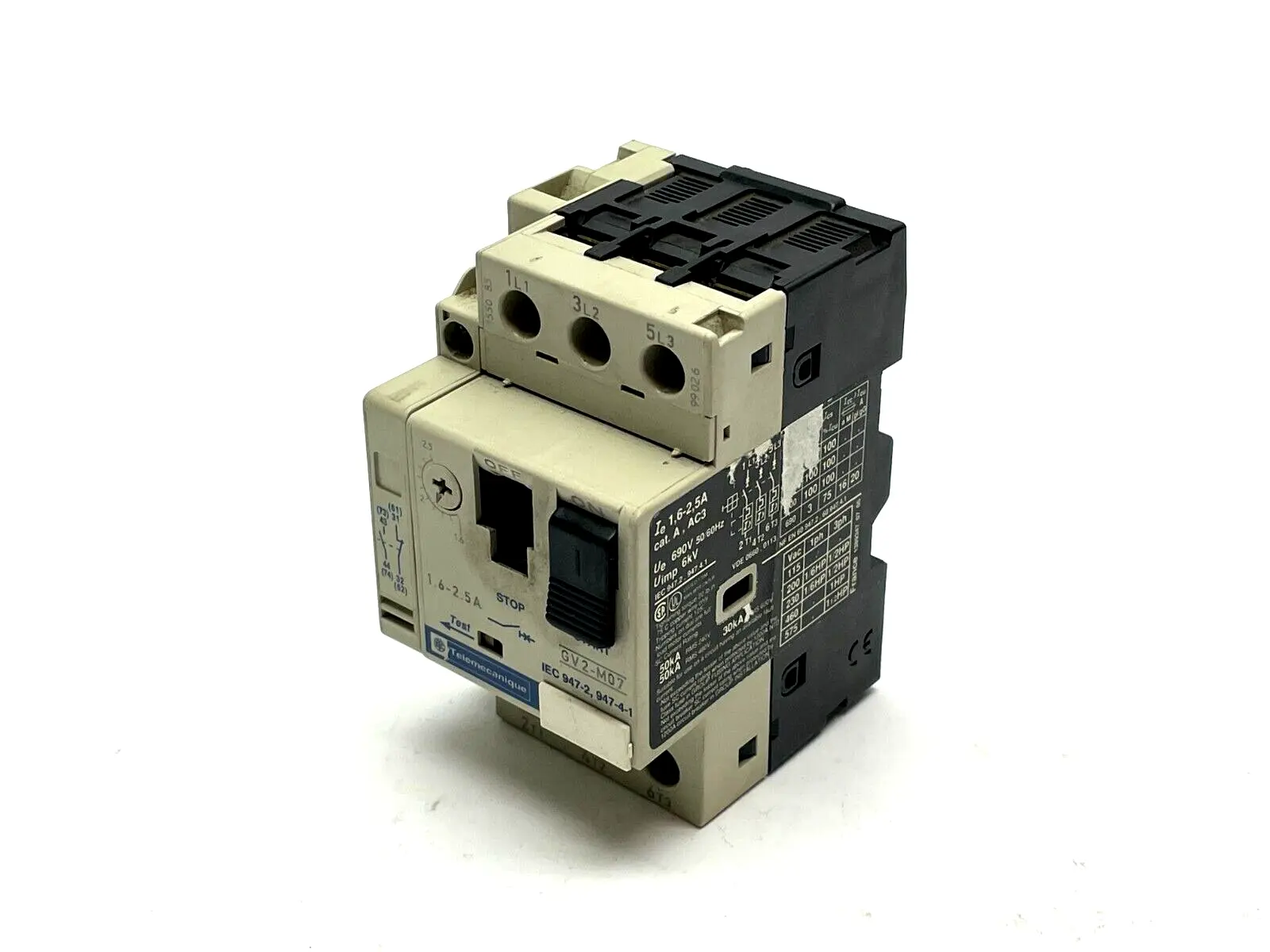 GV2-M07 | Telemecanique  Motor Circuit Breaker 1.6-2.5A w/ GV2-AN11 Auxiliary Block - For parts or not working