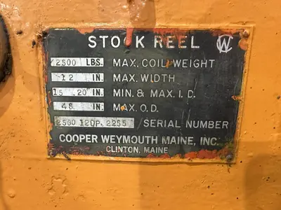 2500 LBS X 12" COOPER WEYMOUTH DOUBLE END PULL-OFF COIL REEL UNCOILER: STOCK #22618