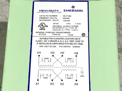 New | in-Stock Emerson Transformer 1-Phase 60Hz 240/480VAC 120/240VAC 1kVA Transformers Michigan US | Maverick Industrial Sales #1402457