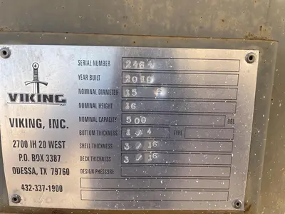 USED 2010 VIKING INC 500BBL VERTICAL TANK