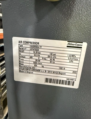 Used 2022 ATLAS COPCO GA26VSDs FF Rotary Screw & Sliding Vane Air Compressors Massachusetts US | ARC Equipment Corp #1338349
