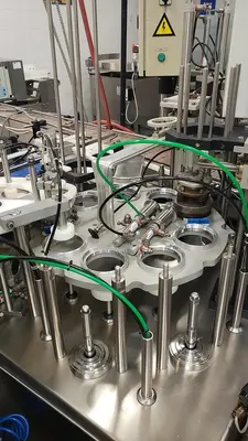 used 9 Cup Rotary Filling Sealing Machine with two Nozzles and Hoppers (Qty 3. to choose from)